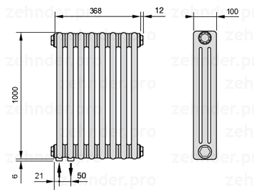 Схема (чертеж) Радиатор Zehnder Charleston 3100/8 №3370 Белый глянцевый RAL 9016